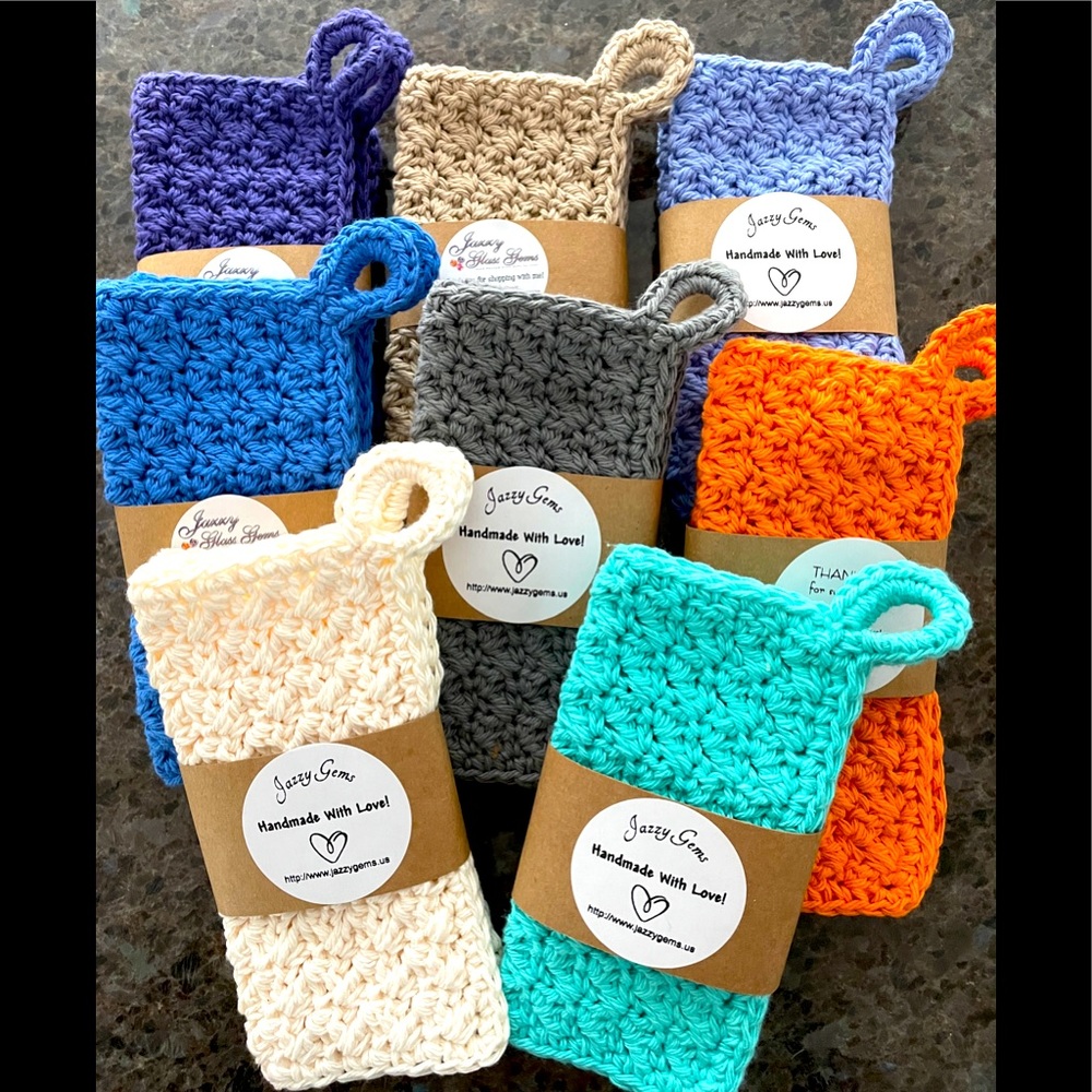 Pair Handmade Dishcloths w/Hanging Loop 100% Cotton CHOOSE COLOR! Hand Crocheted